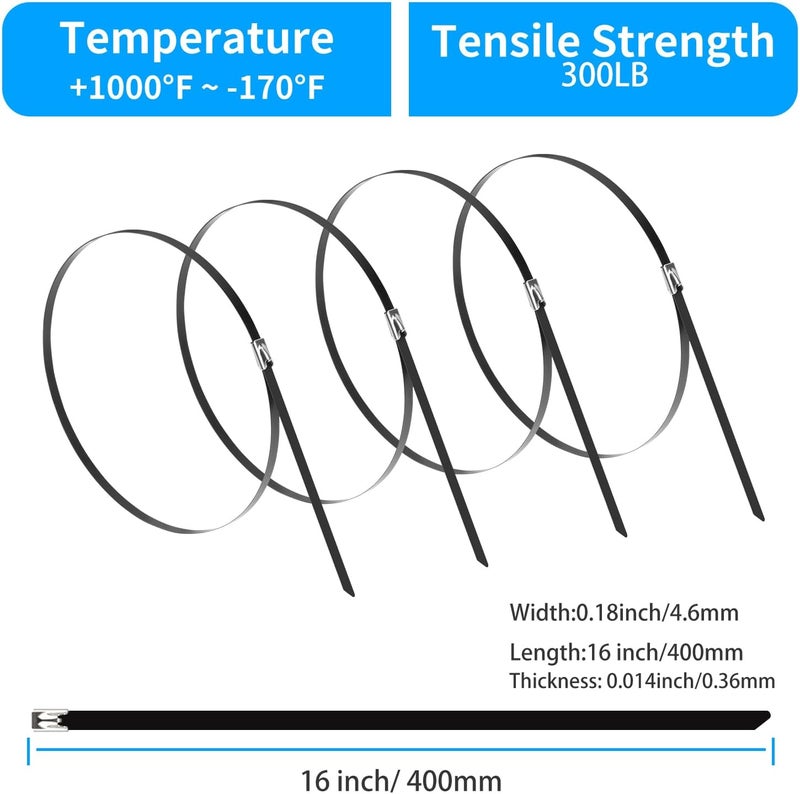 XINGO 16 inch Metal Zip Ties Heavy Duty 100 Pack, 304 Stainless Steel Zip Ties, 300lbs Tensile Strength, Multi-Purpose Self-Locking Cable Ties for Exhaust Wrap, Outdoor and Canopy Etc - Image 2